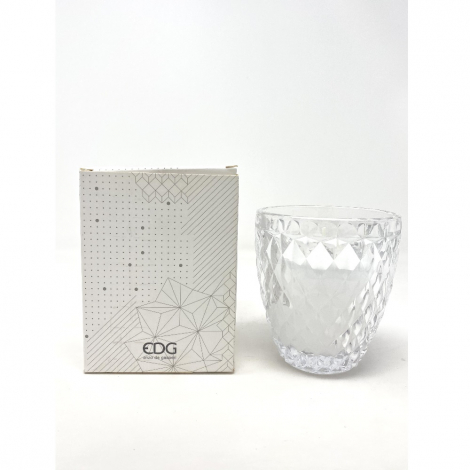CANDELA CON VASO IN VETRO DECORATO CON ROMBI DIAMETRO CM 8,5 X 10 H